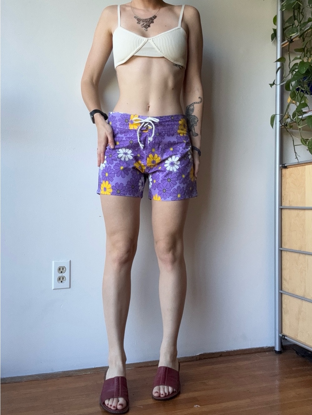Purple Floral Drawstring Board Shorts